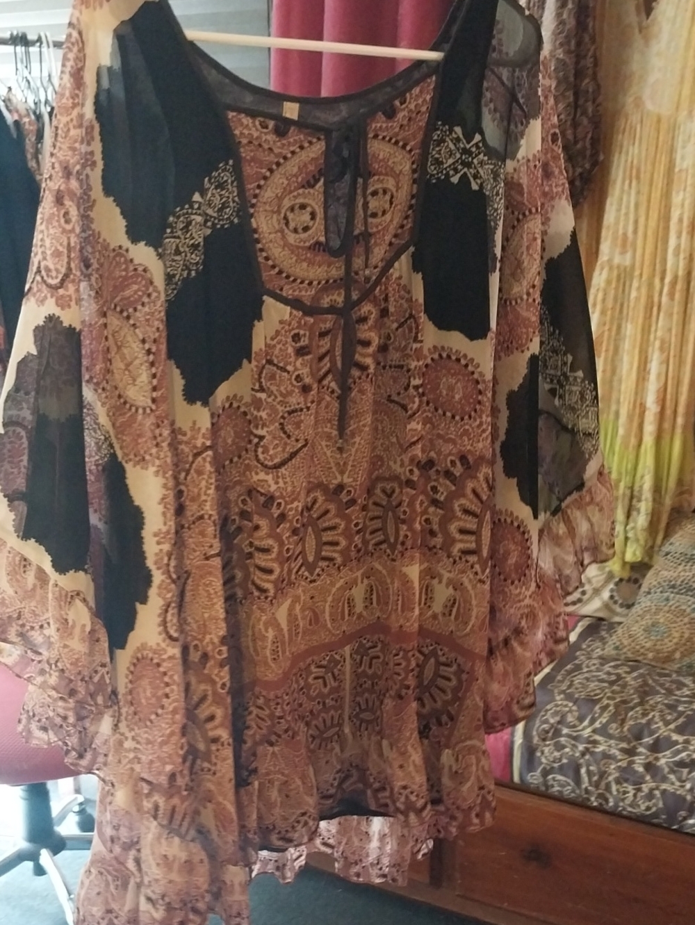 Free People Boho Sheer Tunic Or Dresd in Black and Brown Paisley